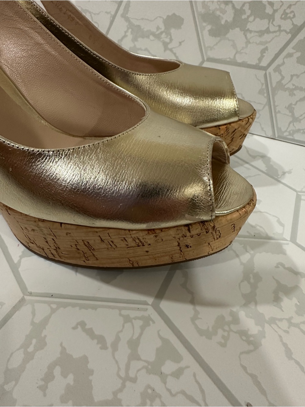 Stuart Weitzman Metallic Gold Peep-Toe Cork Wedge Sandals - Picture 5 of 7